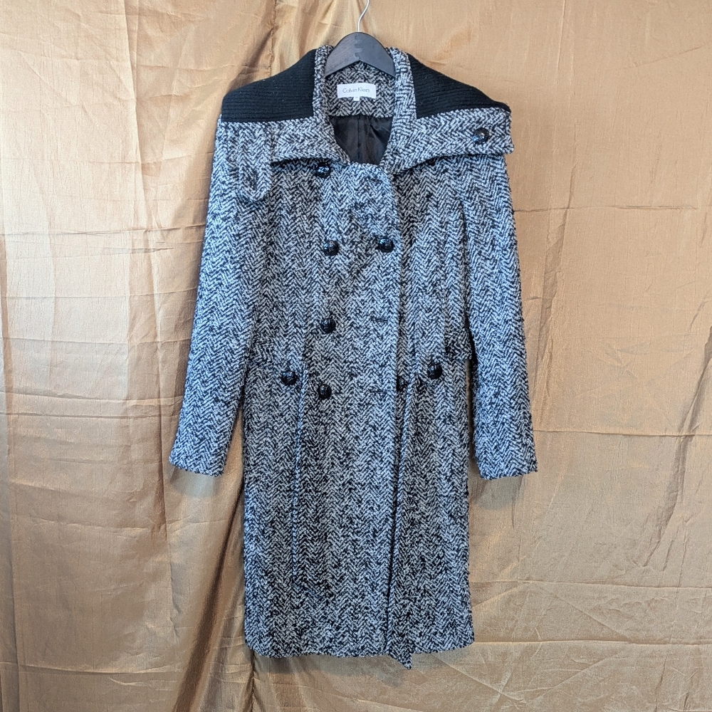 Calvin Klein Herringbone Belted Trench Coat Pea Coat Size 10 NWOT